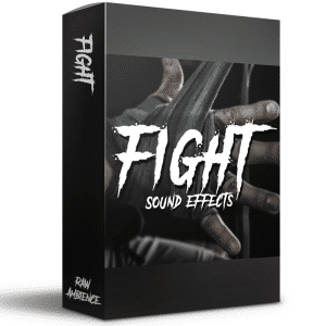 A sound effects library product box on Sonniss titled "FIGHT Sound Effects" features a close-up of hand-wrapping for combat SFX.