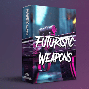 A 3D-rendered sfx library box on Sonniss titled "Futuristic Weapons" with neon-lit rifle for sci-fi sound effects.