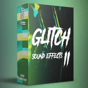 An SFX library box "Glitch Sound Effects II" for raw ambience, featuring a glitchy design on green gradient—ideal for creators.