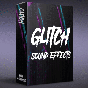 A 3D-rendered SFX library product box on Sonniss labeled “Glitch Sound Effects” with neon accents and “Raw Ambience” text.
