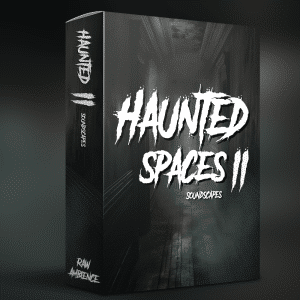A 3D-rendered sound effects library box for "Haunted Spaces II" with foggy hallway ambience on Sonniss.