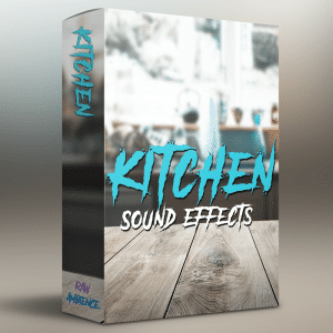 An SFX library product box titled "Kitchen Sound Effects" sits on a wooden surface, kitchen ambience blurred behind.