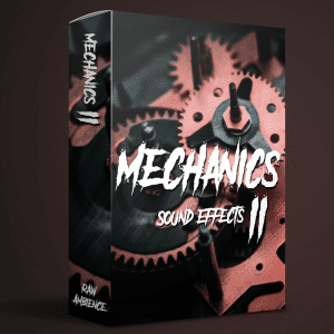 A sound effects library box titled "Mechanics Sound Effects II" with metal gears, cogs imagery—Raw Ambience on Sonniss.