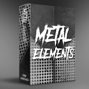 A sound effects library software box labeled "Metal Elements" features bold text over a metallic, perforated design on Sonniss.