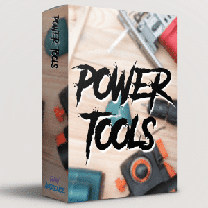 A power tools sound effects library product box on Sonniss, featuring raw ambience and tool component sfx visuals in background.