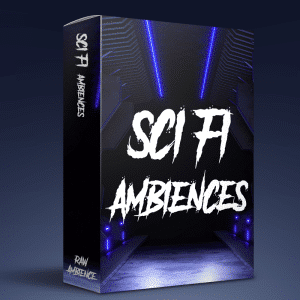 Image of a sci fi sound effects library product box on Sonniss featuring blue-lit corridors and "RAW AMBIENCE" label.
