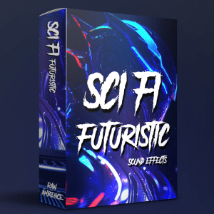 A sfx library cover for "Sci Fi Futuristic Sound Effects" with abstract blue-purple art and Raw Ambience logo on Sonniss.
