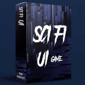 A 3D-rendered game box for a sci-fi UI sound effects library with futuristic geometric design on Sonniss.