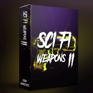 A sound effects library box labeled "Sci Fi Weapons II" with a futuristic gun illustration from Raw Ambience on Sonniss.