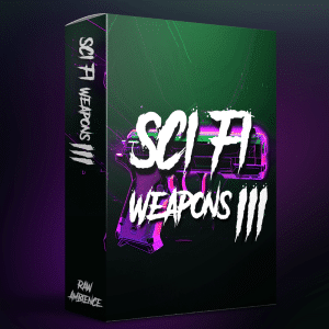 A sci-fi weapons sound effects library on Sonniss, featuring a neon gun image and "RAW AMBIENCE" text on the box.