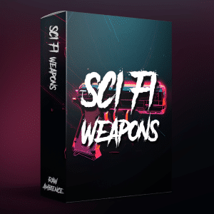 A sci-fi weapon sound effects library box, neon colors & illustrated gun by RAW AMBIENCE, on Sonniss for SFX creators.