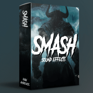 A sound effects library box labeled "SMASH Sound Effects" shows a horned, shadowy figure in mist for dark ambience sfx.