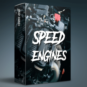 A software box for a "car engine sound effects library" with bold "SPEED ENGINES" text and engine close-up image on Sonniss.