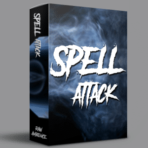 An SFX library software box titled "Spell Attack," with smoky blue background and "Raw Ambience" for magic sound effects.