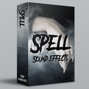 A sound effects library cover on Sonniss for spell casting SFX, showing a clawed hand in smoke with "RAW AMBIENCE" text.