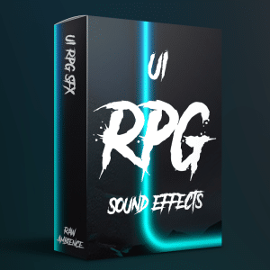 A UI RPG sound effects library product box with vibrant neon blue accents on Sonniss for game sfx and interface sound design.