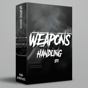 A sound effects library software box for "Weapons Handling SFX" with handgun, smoke, and "Raw Ambience" label—Sonniss.