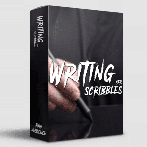 An SFX library image on Sonniss: a product box showing a hand writing, labeled "Writing SFX Scribbles" & "Raw Ambience".