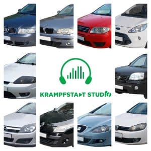 A grid of car front views features the Krampfstadt Studio logo—ideal for automotive sound effects library searches on Sonniss.
