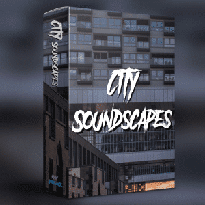 A sound effects library box titled "City Soundscapes" displays city buildings—ideal for urban ambience SFX on Sonniss.