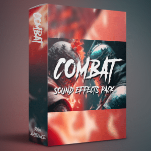 An SFX library box titled "Combat Sound Effects Pack" shows armored hands clashing—ideal for medieval battle sound effects.