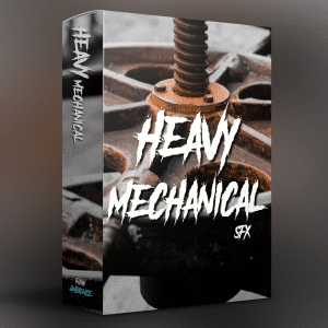 An SFX library box labeled "Heavy Mechanical SFX," featuring a rusty gear and screw—ideal for industrial sound effects seekers.