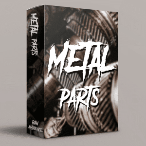 An SFX Library box "METAL PARTS" with industrial gears, machinery, and RAW AMBIENCE—perfect for mechanical sound effects.