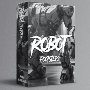 A sound effects library box labeled "Robot Footsteps" features grayscale robot legs; ideal for mechanical step sfx needs on Sonniss.