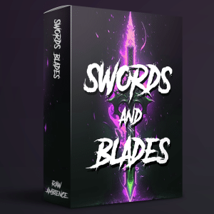 A sound effects library cover on Sonniss for "Swords and Blades" featuring a glowing purple sword and Raw Ambience label.