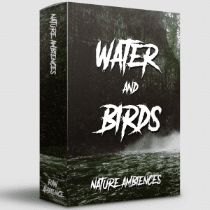 An sfx library box labeled "Water and Birds: Nature Ambiences," set by a misty river in a forest on Sonniss.
