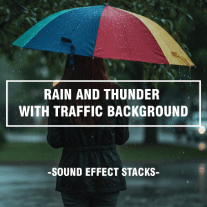 SFX library image on Sonniss: Realistic rain and thunder sound effects with city street traffic ambiance in wet weather.