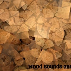 A wood sound effects library image: stacked logs, translucent overlays, and "Wood Sounds and Foley" text on Sonniss.