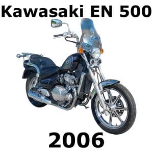 A 2006 Kawasaki EN 500 motorcycle with a blue body and chrome detailing, featured as a sound effects library on Sonniss.