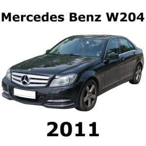 The image is of a sound effects library on Sonniss featuring a black 2011 Mercedes Benz W204 sedan, highlighting its front and side profile.