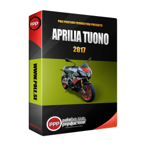 Box cover with a picture of an Aprilia Tuono motorcycle and text reading "APRILIA TUONO 2017" by Pole Position Production. Ideal for a motorbike-themed sound effects library. Visit www.pole.se