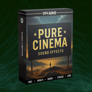 A sound effects library box for "Pure Cinema Sound Effects" by 344 Audio; cinematic scene & green waveform on Sonniss.