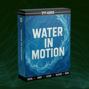 An sfx library product box on Sonniss labeled "WATER IN MOTION," featuring water sound effects like splashes and waves.