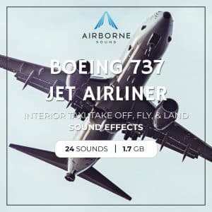 An image of a jet airliner sfx library on Sonniss featuring 24 Boeing 737 interior taxi, takeoff, fly & land sound effects.