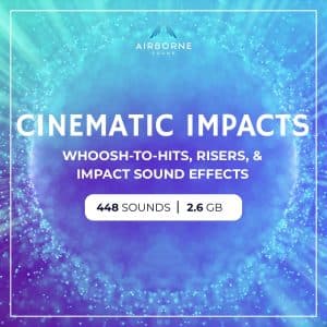 Image of a cinematic sound effects library on Sonniss, featuring 448 whoosh, impact & riser sfx for dramatic projects.