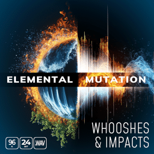 An SFX library image on Sonniss: circular split fire/water design, "Elemental Mutation", whooshes & impacts, audio quality icons.