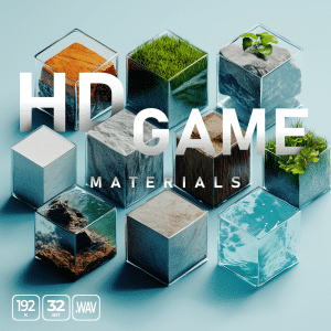 An sfx library image on Sonniss: 3D glass cubes with grass, rock, water & sand for HD game material sound effects.