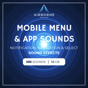 Image shows a sound effects library on Sonniss for mobile menu and app sfx: 685 notification & navigation sounds (1.1GB).