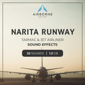A jet airliner at sunrise on Sonniss's sound effects library cover for Narita Runway—22 runway sfx, 1.2GB download.