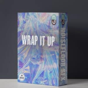 A sound effects library product box with iridescent wrap design, "WRAP IT UP" and sfx logos, on Sonniss.