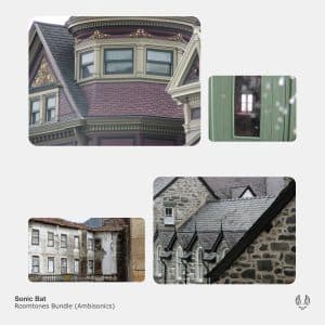 A collage of house exteriors for Sonniss home ambience sound effects library: Victorian, stone styles, rooftops, windows.