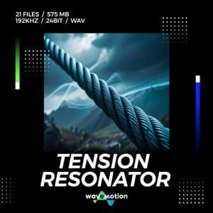 Close-up steel cable with smoke, illustrating "Tension Resonator" sfx library on Sonniss; details shown above.