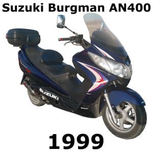 A blue 1999 Suzuki Burgman AN400 scooter SFX library photo for urban motorcycle sound effects on Sonniss, side view.
