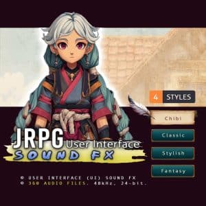 A stylized character faces a JRPG UI sfx library menu on Sonniss, featuring Chibi, Classic, Stylish, and Fantasy packs.