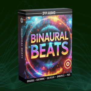 A "Binaural Beats" sound effects library box by 344 Audio on Sonniss, with colorful circles and waveforms on a dark backdrop.