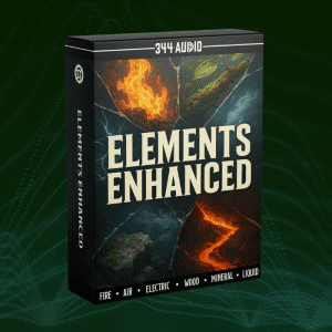 An SFX library box "Elements Enhanced" by 344 Audio, with fire, air, electric, wood, and liquid images on green digital background.